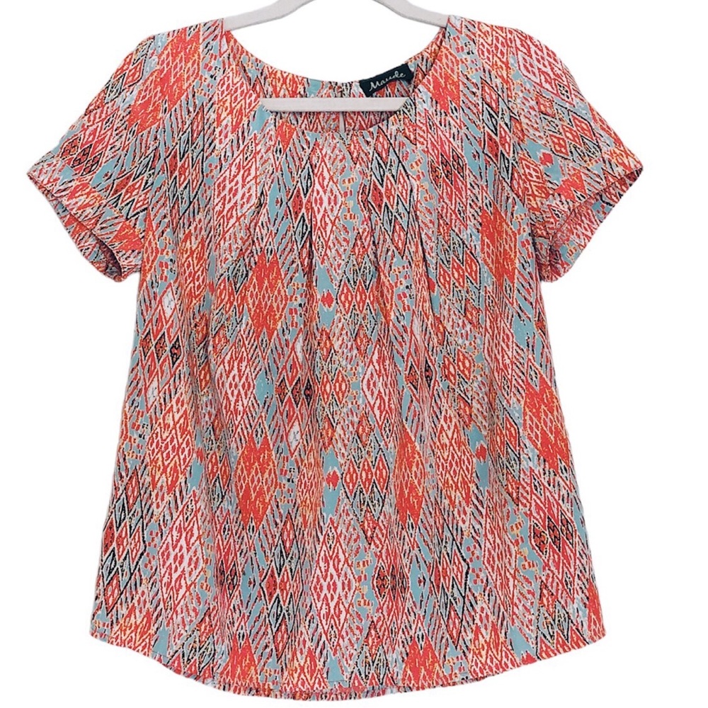 Maude Flowy Shirred Printed Coral Top Size Medium